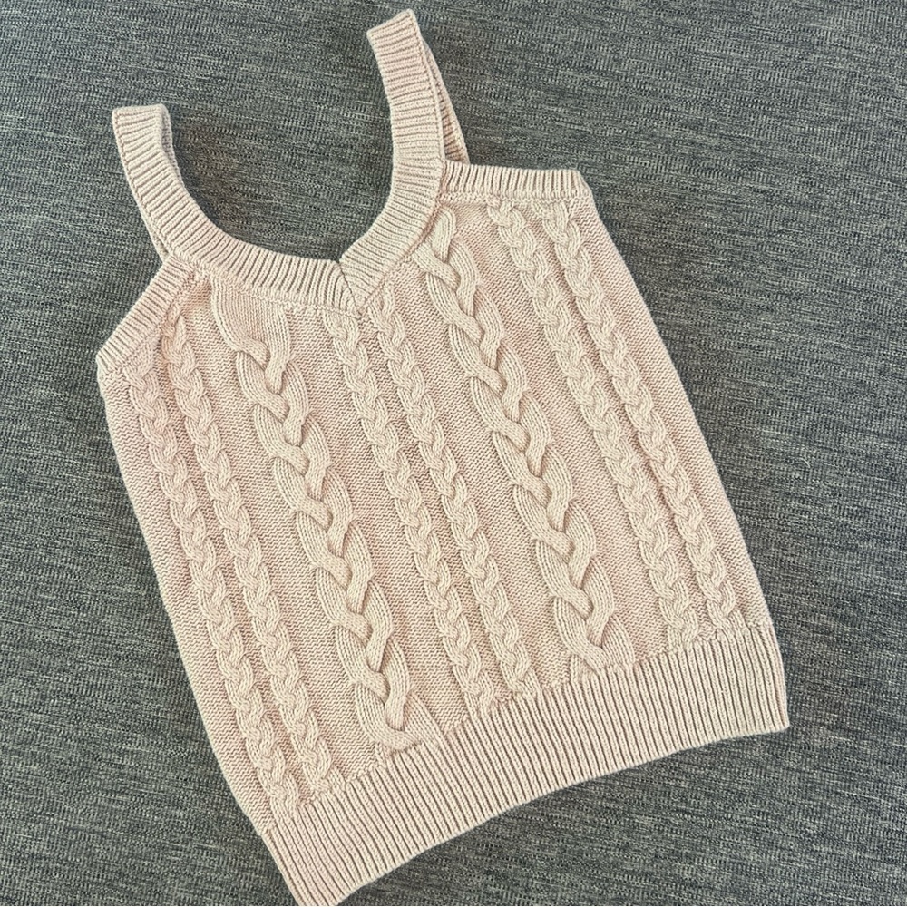 Evereve Small Tank Top Cable Knit Chunky Wide Strap Crop Preppy Blush Pink